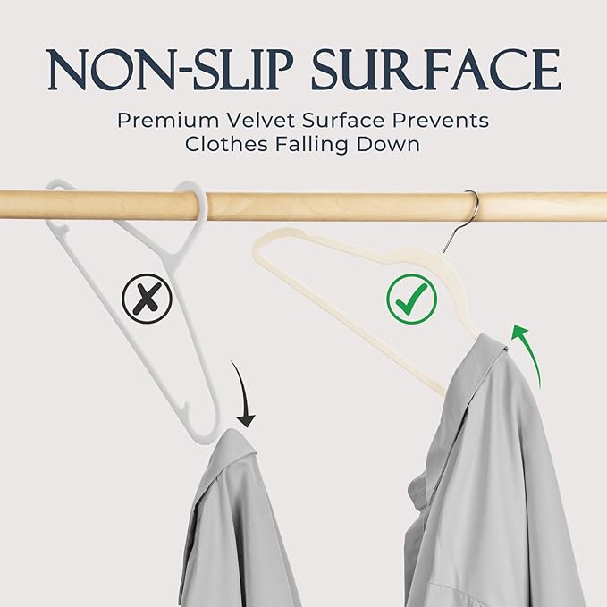 HOUSE DAY Ivory Velvet Hangers 60 Pack, Non Slip Clothes Felt Hanger Heavy Duty for Coat, Premium Slim Space Saving Suit Hangers for Closet Organizer, 360° Rotating Silver Hook