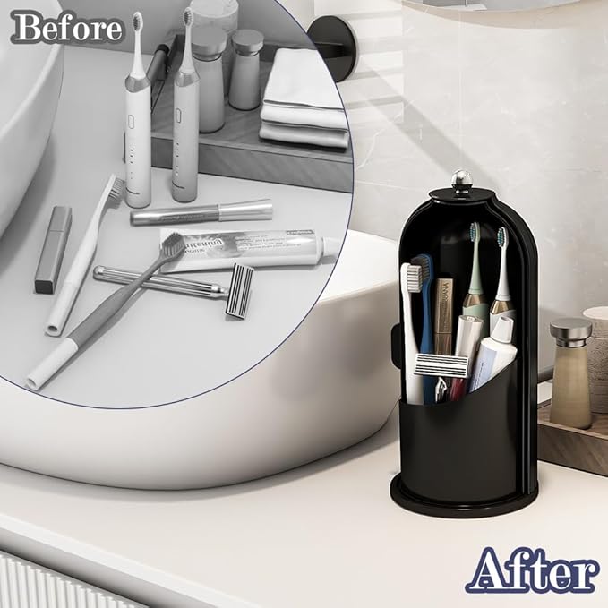 Zufudo Dustproof Toothbrush Holders with Cover, Rotating Electric Toothbrush and Toothpaste Holder for Bathroom Countertop, 3 Slots Makeup Brushes Organizer, Solid Black