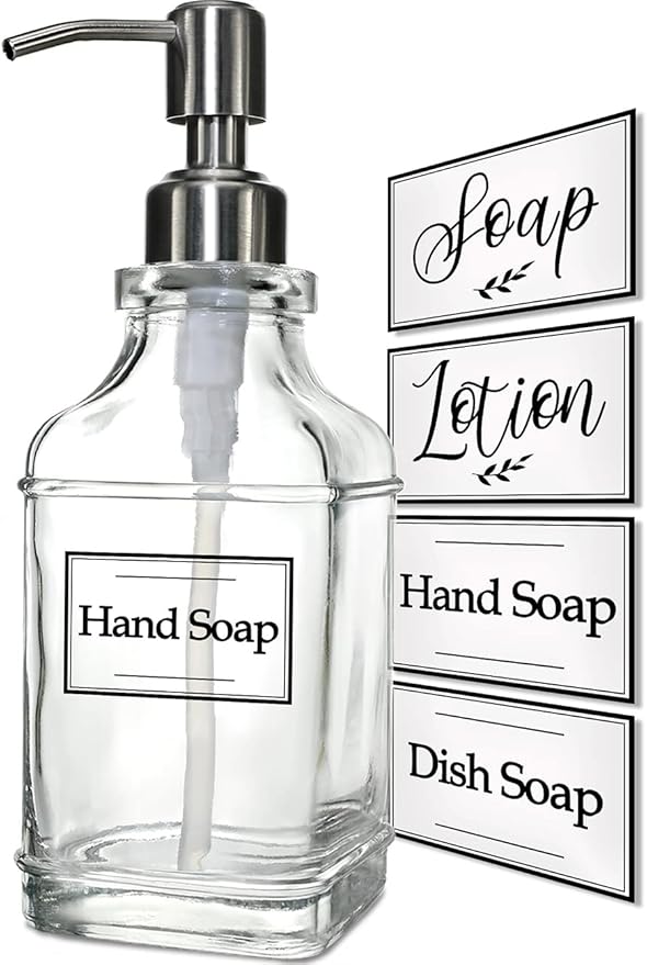 JASAI Antique Design Soap Dispenser with Rust Proof 304 Stainless Steel Pump, Refillable Glass Soap Dispenser with 10Pcs Clear Stickers, Premium Kitchen & Bathroom Soap Dispenser