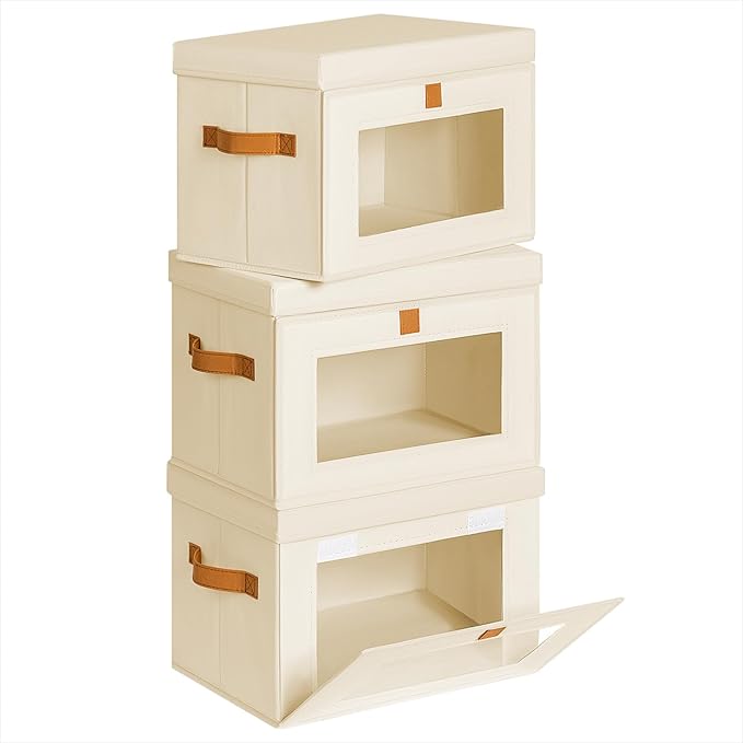 Small Fabric Storage bins - Collapsible Storage Bins with Open Window, 3 Pack Closet Baskets for Shelves, Stackable Decorative Boxes for Home, Dorm, Beige, 13.7"x 9.8" x 9.8"