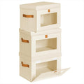 Small Fabric Storage bins - Collapsible Storage Bins with Open Window, 3 Pack Closet Baskets for Shelves, Stackable Decorative Boxes for Home, Dorm, Beige, 13.7"x 9.8" x 9.8"