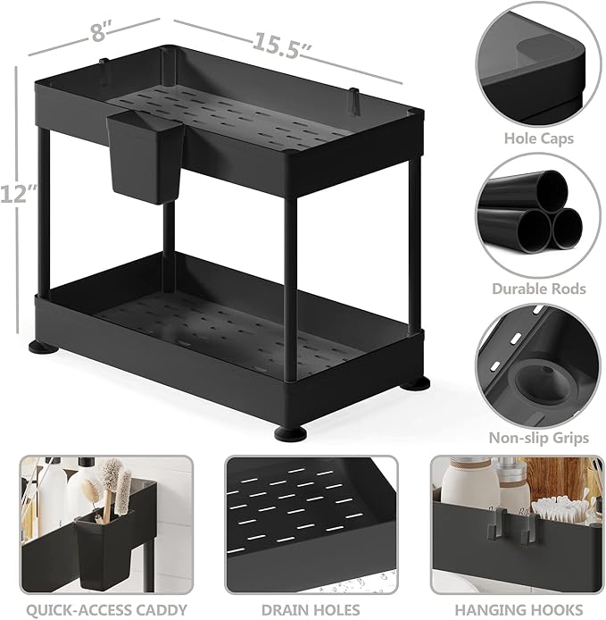 Under Sink Organizers and Storage | Bathroom Cabinet Organizer, Sink Shelf with Utility Hooks and Side Caddy for Under Cabinet Storage | Black (2-Pack) Non Slip Grip Under Kitchen Sink Organizer