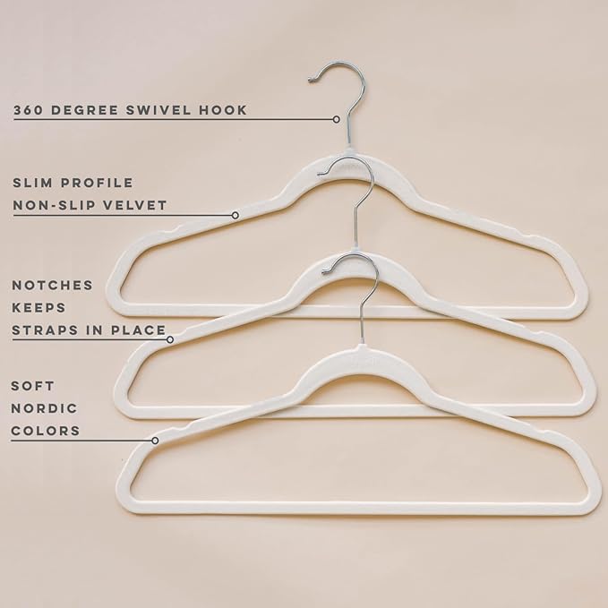 3 Sprouts - Adult Velvet Hangers - Non Slip Felt Clothing Hanger Set - Durable & Slim for Space Saving - Ideal Velvet Hangers for Organization - Lightweight Thin Clothes Hangers - Pack of 30 - Cream