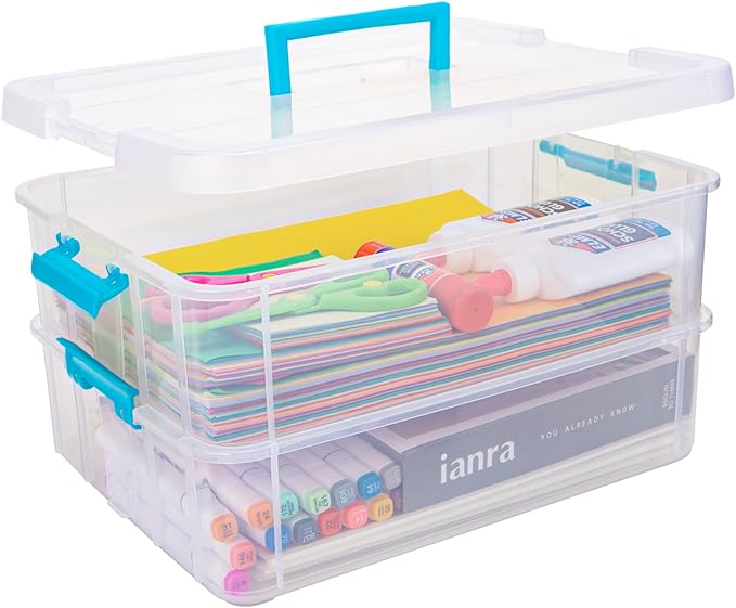 2 Layer Plastic Storage Containers with Lids, Multipurpose Clear Stack & Carry Box, Portable Craft Organizers and Storage Bin for Organizing Art & Craft, Sewing, Makeup, Nail Supplies (Blue)