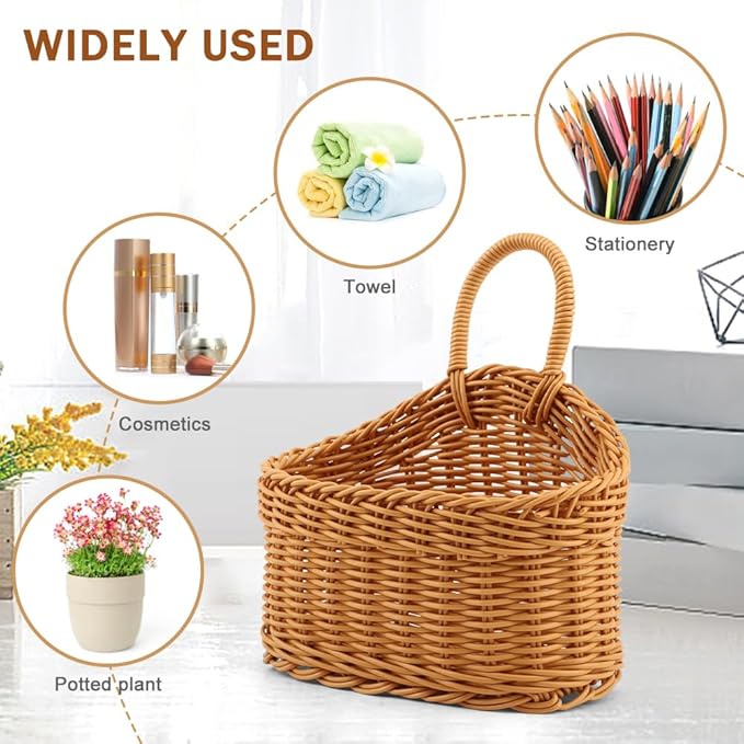 EKDJKK 2 Pcs Plastic Hanging Storage Baskets, Pantry Simulate Wicker Basket, Wall Mount Basket with Hook, Decorative Baskets for Organizing, Small Woven Baskets for Kitchen Bathroom(Brown)