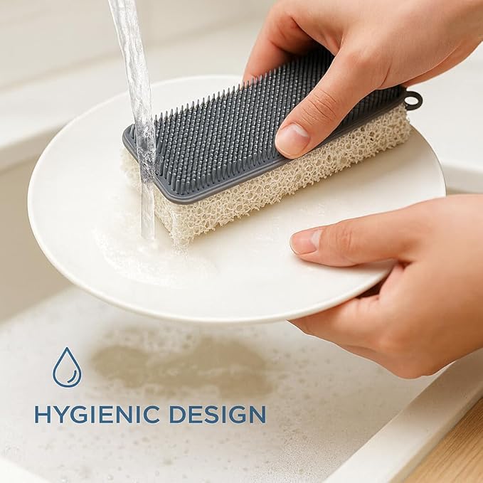 Silicone Sponge & Scrubber – 2-in-1 Non-Scratch Dishwashing for Dishes, Pots & Pans, Reusable Kitchen Sponge with Soft Bristles & Foam (Dual-Sided Design) (Gray/White)