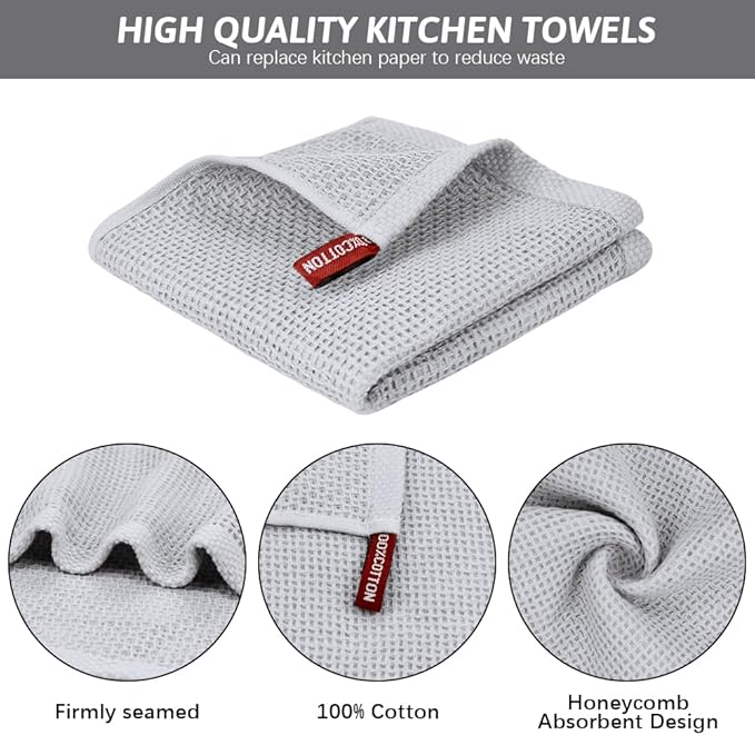 Nialnant 100% Cotton Dish Cloths for Washing Dishes, 4 Pack Waffle Weave Dish Towels,Super Soft Absorbent Cleaning Rags-Light Grey,12x12 Inch