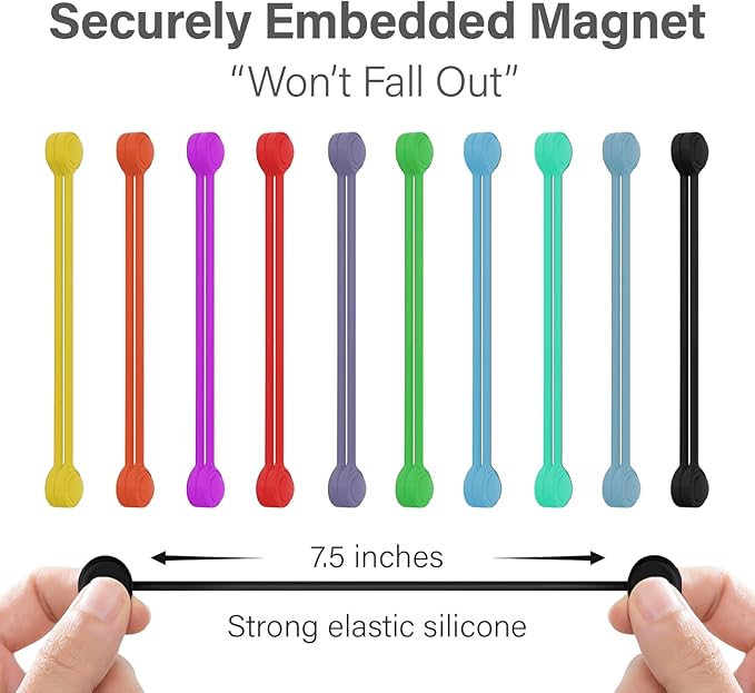 Magnetic Cable Ties, 50 Pack – Reusable Silicone Snap-On Multi-Purpose Cord Organizer for Bundling Cables and Wires at Home, Office or Travel, 7.5 in, Assorted Colors