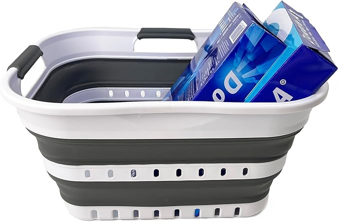 SAMMART Collapsible Plastic Rectangular Laundry Basket - Foldable Pop Up Storage Container/Organizer - Portable Laundry Hamper - Space Saving (White/Steel Grey, 19L)