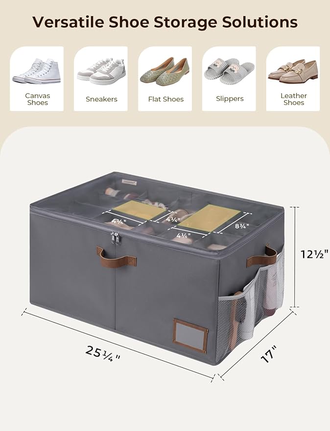 StorageWorks Shoe Organizer for Closet, Fits up to 20 Pairs, Shoe Cubby Storage Containers with Side Mesh Pocket and Clear Cover, Grey