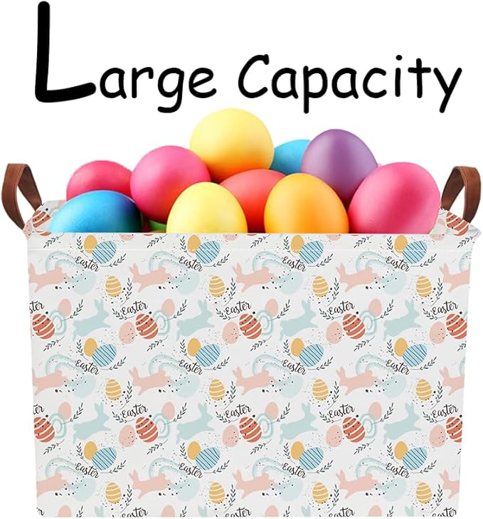 Rectangular Pink Easter Eggs Basket for Girls,Kids Toys Storage Bin with Handles,Baby Room Decor,Gift Basket(Pink Easter Eggs)