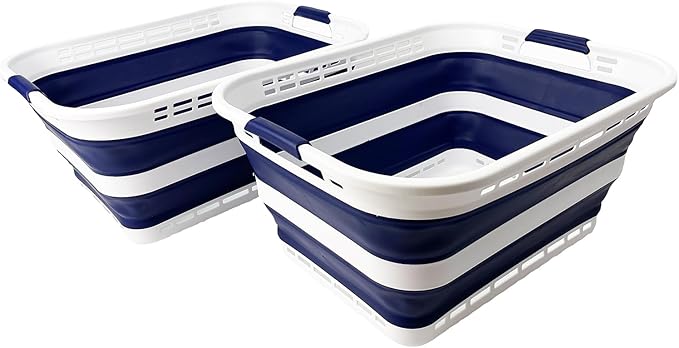 SAMMART 42L (11 Gallons) Collapsible Plastic Laundry Basket - Foldable Pop Up Storage Container/Organizer - Portable Washing Tub - Space Saving Hamper/Basket [BPA Free] (White/Starry Blue (Set of 2))
