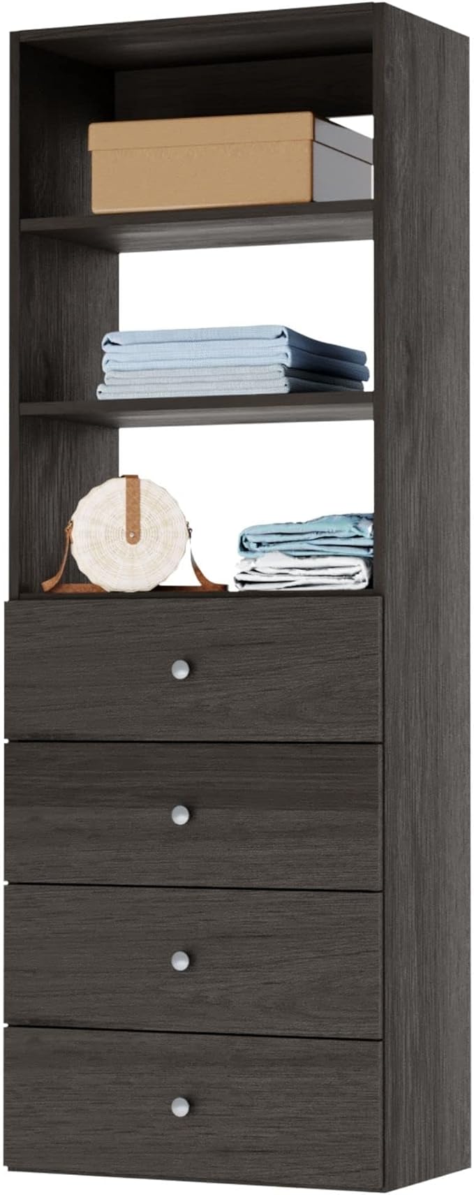 Modular Closet System - Tower With Drawers (4) - Corner Closet Organizer - Storage Shelves (Gray, 25.5 inches Wide)