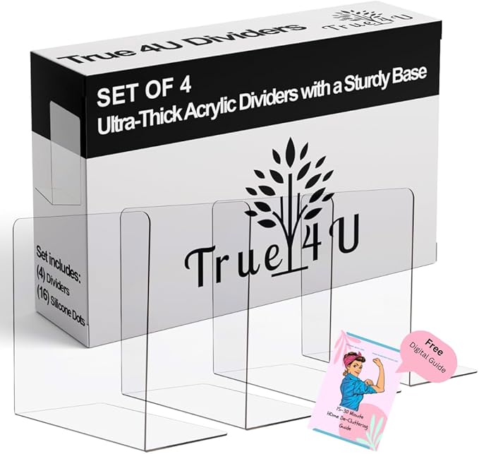 True 4U 4 Pack, Acrylic Shelf Dividers for Closet Organization, Clear Tall Shelf Dividers, Extra Deep, Easy to Install for Bedroom Kitchen Office Closet Bathroom
