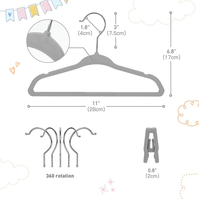 Velvet Baby Hangers with Clips (30 Pack) | 11” Ultra-Slim Baby Clothes Hangers | Non-Slip Felt | Space-Saving Nursery & Infant Closet Organizer | Gray