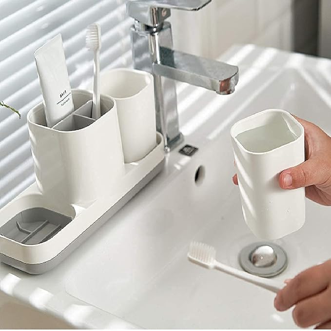 Toothbrush Holder for Bathroom, Electric Toothbrush Holder with Cups, Kids Bathroom Accessories Set with Toothpaste Holder, White