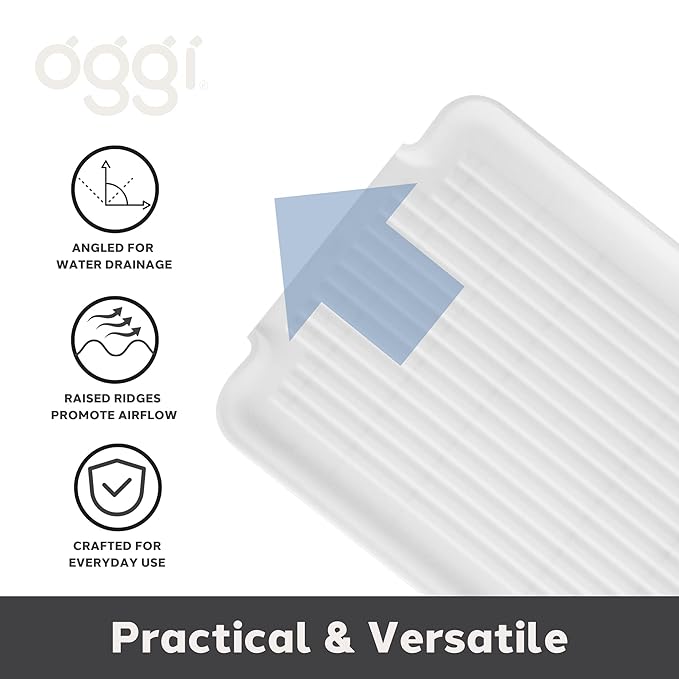 Oggi Dish Drain Board and Drying Rack Tray for Kitchen Counter, Plastic Drainboard with Raised Ridges, 12.75 x 17.25 inches - White