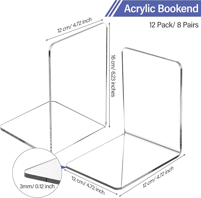 Eaasty 12 Pcs/ 6 Pairs Clear Acrylic Bookends for Shelves Heavy Duty Book End Desktop Organizer Bookshelf L Shaped Dividers Book Stopper for School Office Home Library File Movies CD