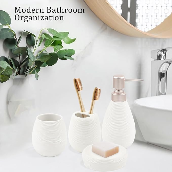 CERBIOR Bathroom Accessories Set,4 Pcs Ceramic Bathroom Decor Accessory,Includes Toothbrush Holder, Toothbrush Cup, Soap Dish for Decorative Countertop and Housewarming Gift(White 4pcs)