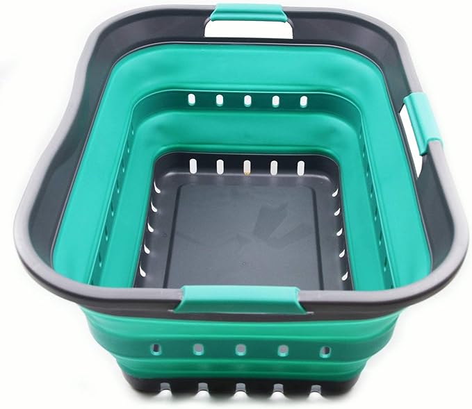 SAMMART 42L (11 gallon) Collapsible Plastic Laundry Basket - Foldable Pop Up Storage Container/Organizer - Portable Basket - Space Saving Hamper/Basket (2, Grey/Turquoise Blue)