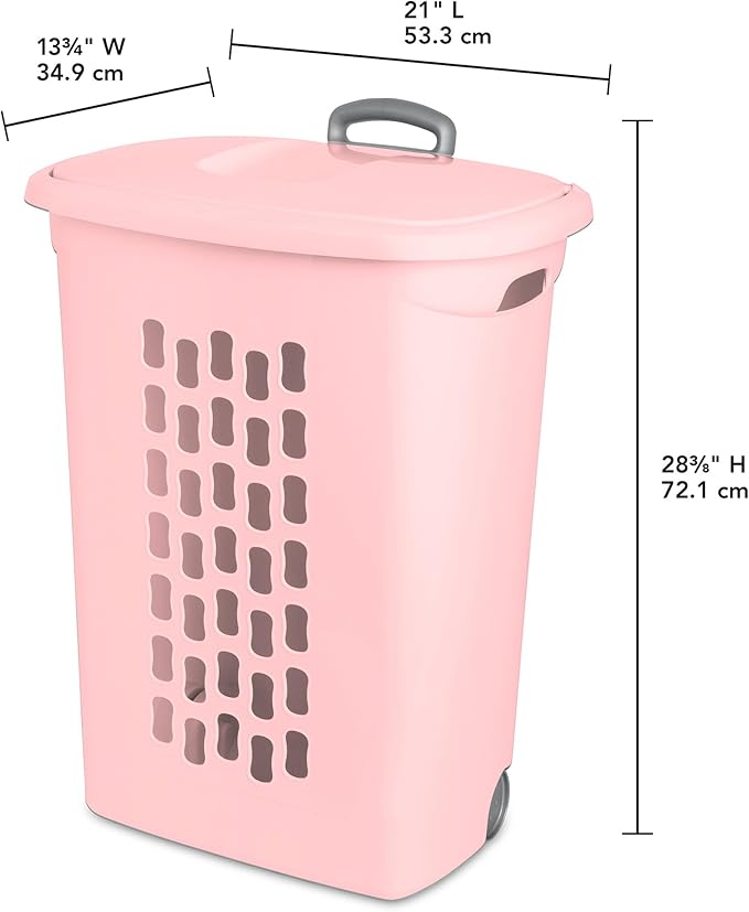 Sterilite 3 Pack Ultra Wheeled Hamper, Plastic Laundry Basket Clothes Bin with Wheels, Flip Top Lid and Retractable Handle, Pink Frost