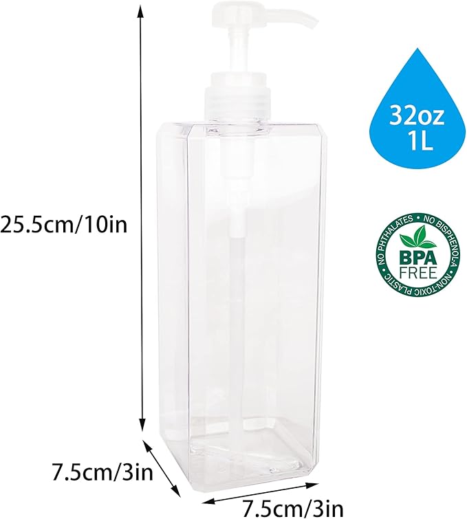 Pump Bottle, Refillable Plastic Empty Lotion Soap Dispenser Liquid Container for Bathroom Shampoo and Body Wash, 32oz/1l Clear 2 Pack