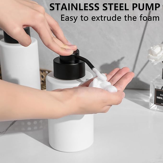 Foaming Soap Dispenser Set, 12 Oz Glass Hand Soap Dispenser with 304 Rust Proof Stainless Steel Pump, Waterproof Labels, for Bathroom Decor Kitchen College Dorm, White Black Pump 2 Pack
