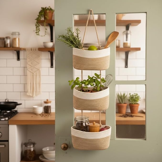 Britwicfr Hanging Wall Basket, Over the Door Hanging Basket with Hooks, 3-Tier Cotton Hanging Basket for Organizing, Decorative Boho Chic Decor for Wall, Bedroom, Living Room, Nursery, Whte & Jute