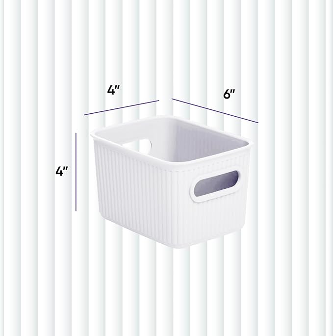 Decorative Plastic Basket Open Home Storage Bins Organizer Baskets, Small White (4 Pack) Container Boxes for Organizing Closet Storage Bins for Shelves Drawer Shelf - Ribbed Collection 1.5 Liter