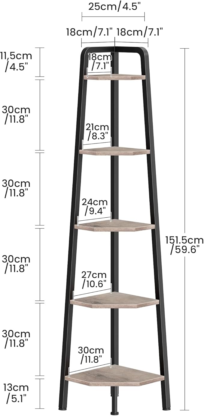 Corner Shelf, 5-Tier Ladder Corner Shelf, Ladder Bookshelf, 59.6" Tall Vertical Display Stand, Metal Frame Bookshelf, for Living Room, Bedroom, Kitchen, Greige and Black TCJ20BG
