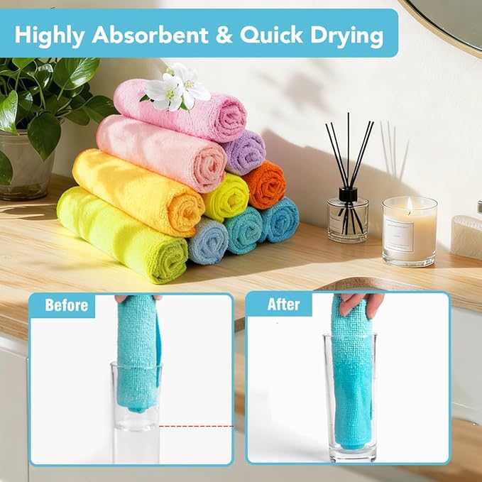 Orighty Washcloths Towels Set 10 Pack, Highly Absorbent and Soft Feel Microfiber Face Cloths, Multi-Purpose Wash Cloths & Hand Towels for Bathroom, Hotel, Spa, and Gym, 11.5x11.5 Inch, Multicolor
