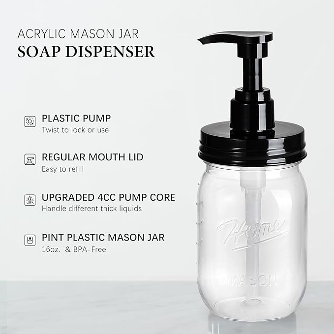 Amolliar Plastic Mason Jar Soap Dispenser with Pump Lid,16OZ Refillable BPA-Free Hand Soap Dispenser Set with Cute Lables - Farmhouse Decor for Kitchen/Bathroom,Liquid Soap,Dish Soap, Lotion (4 Pack)