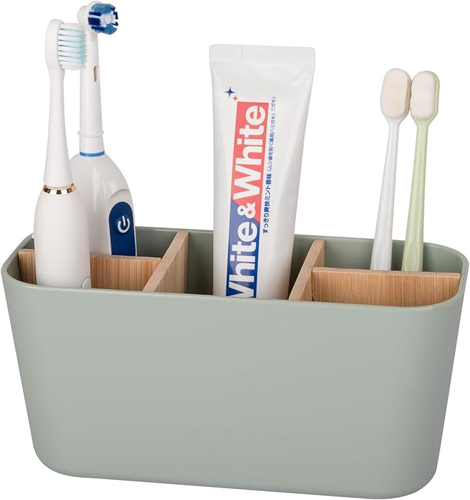 Toothbrush Holders for Bathrooms, Bamboo Tooth Brush Holder with 5 Slots Bathroom Vanity Organizer Countertop for Electric Toothbrushes, Toothpaste, Razors - Green