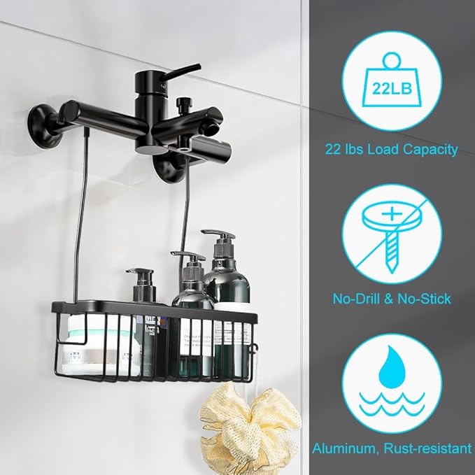 Kalekey Shower Hanging Caddy, No Drill Shower Shelf, Heavy Duty Aluminum Organizer Basket, Bathroom Storage for Shampoo, Soap & Toiletries, Black