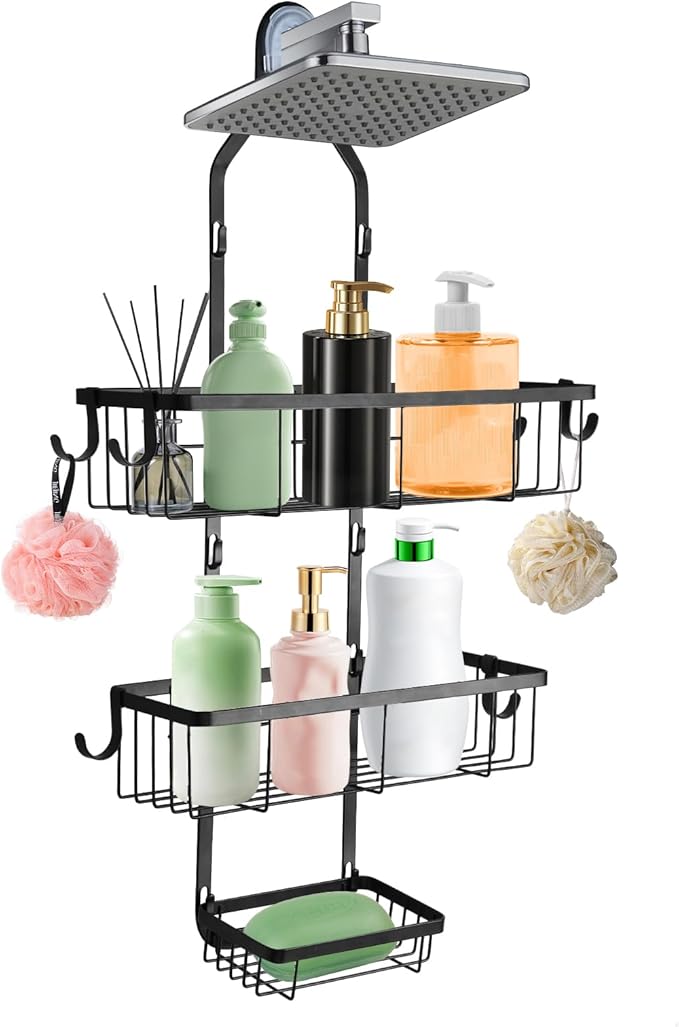 Shower Caddy Hanging Over Shower Head, Height Adjustable No Drilling Bathroom Hanging Shelf Organizer, Rustproof Shower Caddy Over with Hooks Shampoo Soap Holder for Inside Shower