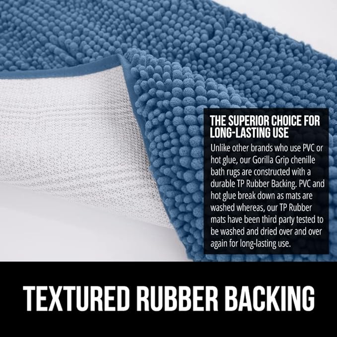 GORILLA GRIP Bath Rug Mat 30x20, Thick Soft Absorbent Chenille, Quick Dry Microfiber Mats, Rubber Backing Washable Shower Floor Rugs, US Designed Bathroom Bathmat Home Decor Accessories, Blue