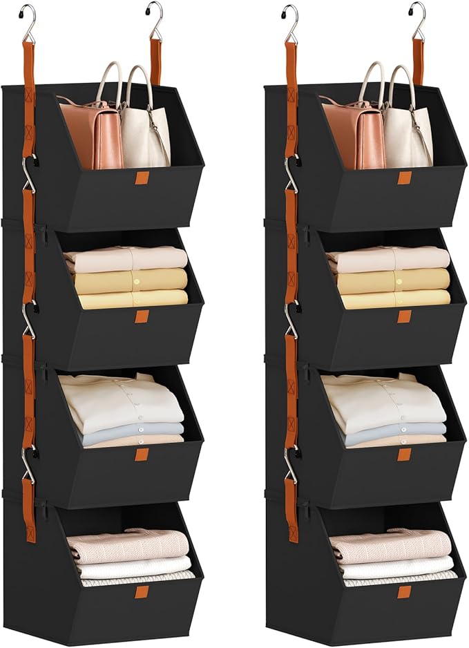 Hanging Closet Organizer 4 Tier - Clothes Hanging Shelves, Space-Saving Closet System, Fabric Storage Bins Bedroom Organization, Collapsible Baskets for Home, Dorm, Rv, Black, 8 Pack