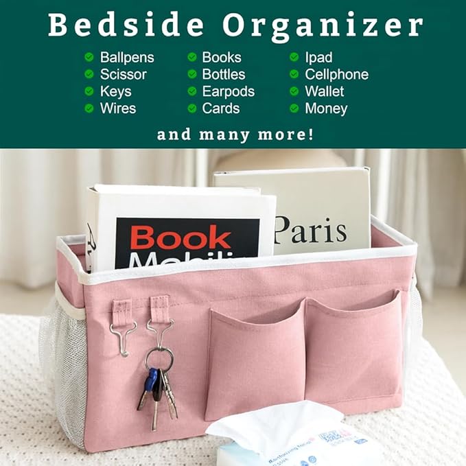 ADVANCELLPRO Bedside Caddy Organizer Hanging Storage Bag with Pockets for Books, Magazines, Phone, Tablet & Water Bottle – Bedside Storage for Dorm, Bunk Beds, Hospital Beds & Cribs, Pink