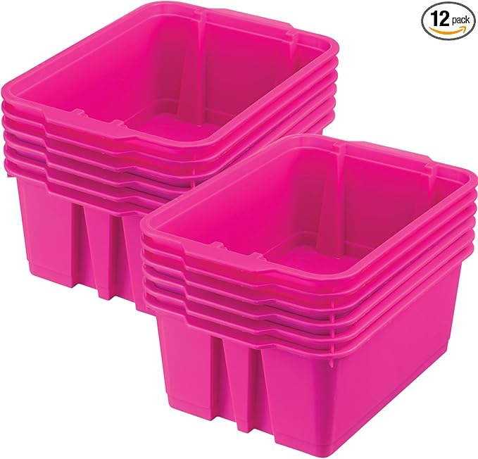 Really Good Stuff - 160074PIN Stackable Plastic Book and Organizer Bins for Classroom or Home Use – Sturdy, Colored Plastic Baskets (Set of 12),Pink