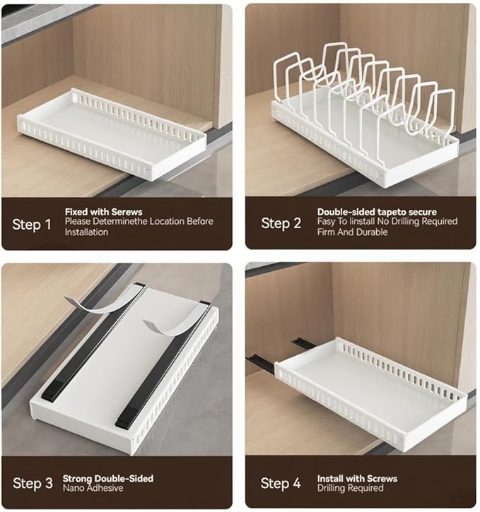 Pots and Pans Organizer Under Cabinet, Pull Out Pots and Pans Organizer, Under Cabinet Pot Lid Holder, Sliding type Pots and Pans Storage for Pot Lid, Bakeware, Dishes, 10 Adjustable Dividers