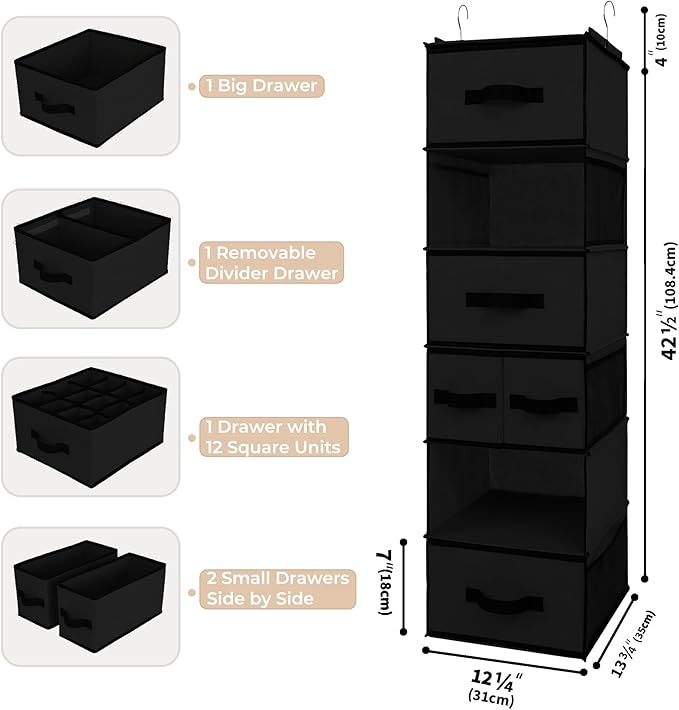 GRANNY SAYS Hanging Closet Organizer 6 Shelves, Closet Organization and Storage with 5 Different Drawers, 6 Side Pockets Wardrobe Clothes Organizer for Closet, Black, 1-Pack
