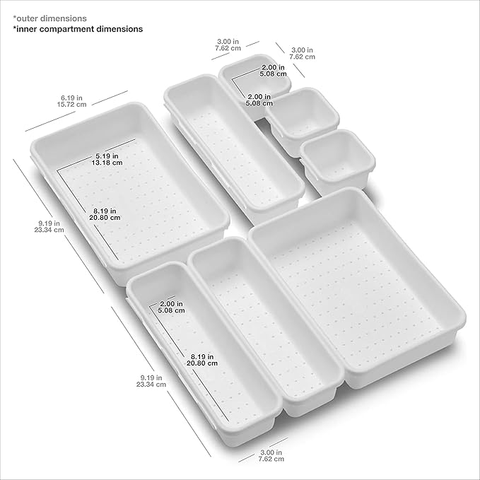 madesmart 8 Piece Interlocking Bin Pack, Modular Drawer & Desktop Organizer for Office Supplies, Tools, Kitchen Utensils & Bathroom Items, Configurable Storage System, White