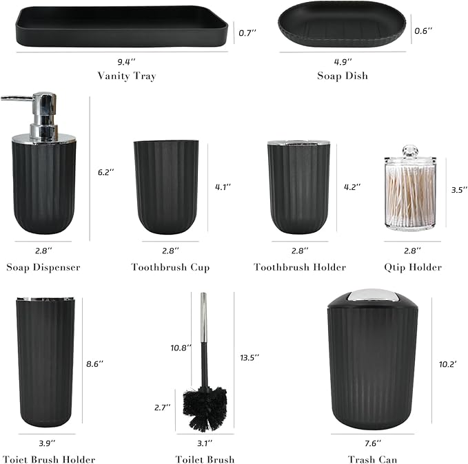 Black Bathroom Accessories Set, 9-Piece Bathroom Accessory Sets Complete with Trash Can, Shower Curtain, Vanity Tray, Soap Dispenser, Soap Dish, Toothbrush Holder, Toothbrush Cup and Toilet Brush