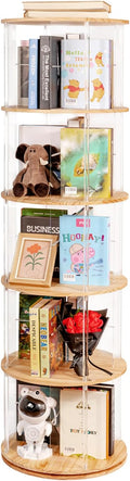 360° Rotating Bookshelf, 5-Tier Spinning Book Shelf Tower with Solid Wood & Clear Acrylic, Round Revolving Bookcase for Living Room, Bedroom and Office
