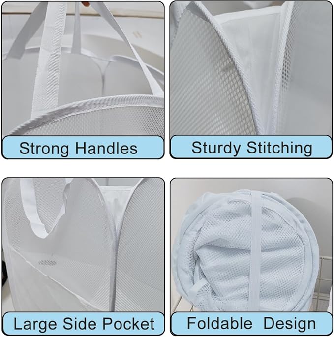 2Pcs Pop Up Hampers for Cruise, Folding Laundry Basket Space Saving Design, Dirty Clothes Hamper for Bedroom, Hotel, RV, Travel (White+Beige)
