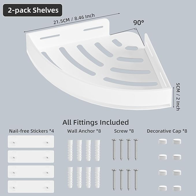 Aluminium Shower Corner Shelves - Rustproof Shower Caddy No Drilling Installation Shampoo Holder, White Shelves for Wall for Bathroom Storage,Holds 20LB