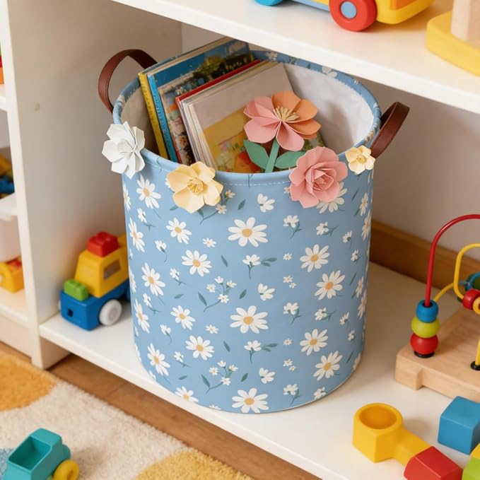 Daisy hamper,Blue flower Laundry Basket,Baby Nursery Hamper,Waterproof foldable girls toy storage box,Dirty Clothes Hampers,Flower house decor(Daisy)