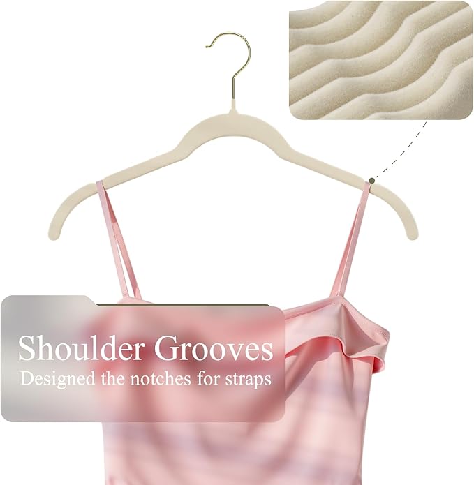 Korpai 30 Pack Beige Velvet Hangers, Non Slip,Durable,Slim Hangers Space Saving,Felt Hangers with Gold 360°Swivel Hook for Coats,Strappy Dresses,Shirts,Sweater ect
