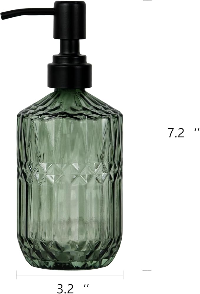 18oz Green Glass Soap Dispenser, Refillable Kitchen, Bathroom Thick Glass Soap Dispenser with Black Rustproof Pump for Dishwashing Liquid, Hand Soap, Lotion, Body Wash (Green-Black Pump)