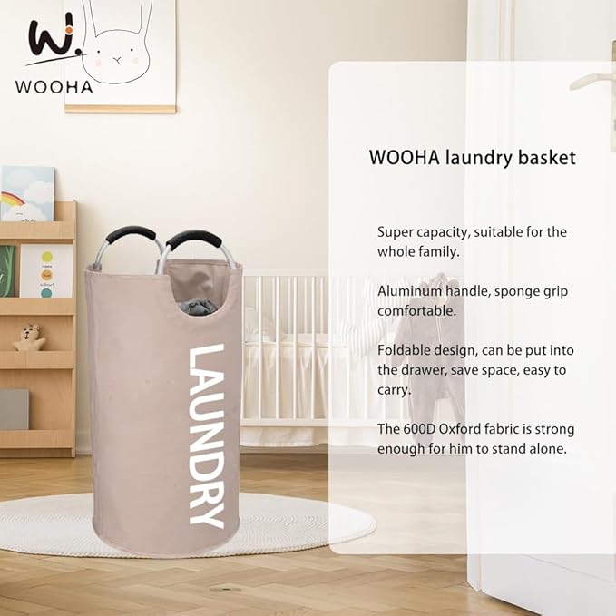WOOHA 125L Large laundry basket,Collapsible laundry hamper, Tall Clothes Baskets Folding Washing Bin Foldable Fabric Hamper Bags for Bedroom, Closet,Bathroom,College,laundry bag,khaki